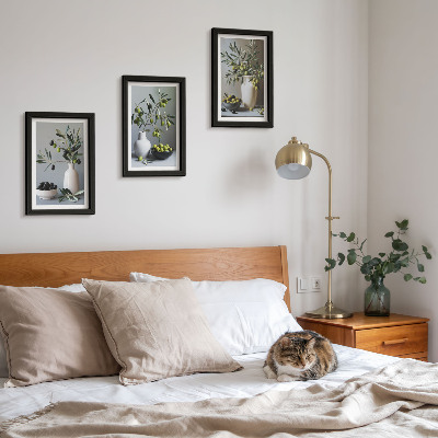 3-piece wall art set Olives in vases against a background of muted colors