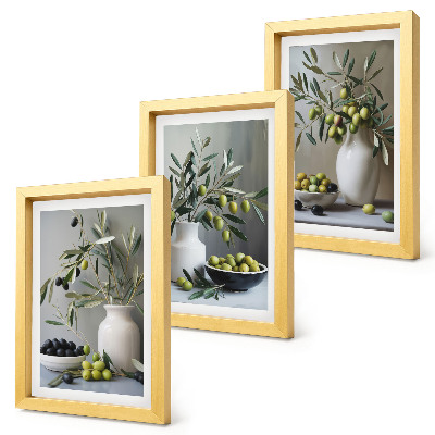 Photo frame wall Olives in vases with branches on a gray background