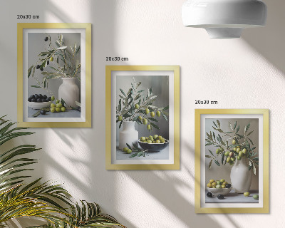 Photo frame wall Olives in vases with branches on a gray background