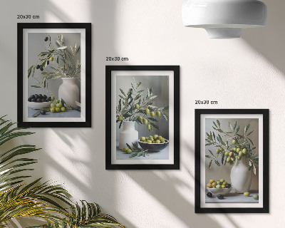 Photo frame wall Olives in vases with branches on a gray background