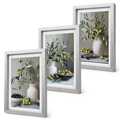 Photo frame wall Olives in vases with branches on a gray background