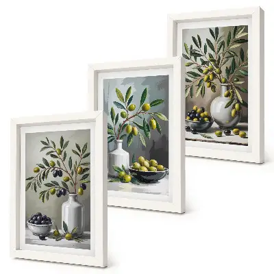 Olives in ceramic dishes on a gray background framed triptych