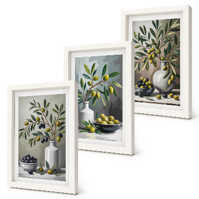 Framed triptych Olives in ceramic dishes on a gray background