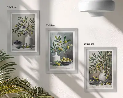 Olives in ceramic dishes on a gray background framed triptych