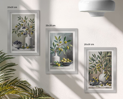Framed triptych Olives in ceramic dishes on a gray background