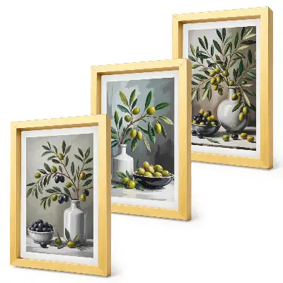 Olives in ceramic dishes on a gray background framed triptych