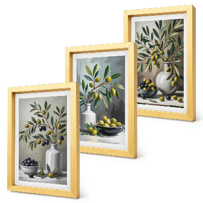 Framed triptych Olives in ceramic dishes on a gray background
