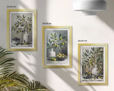 Olives in ceramic dishes on a gray background framed triptych