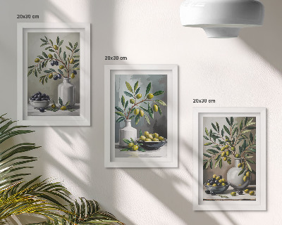 Framed triptych Olives in ceramic dishes on a gray background