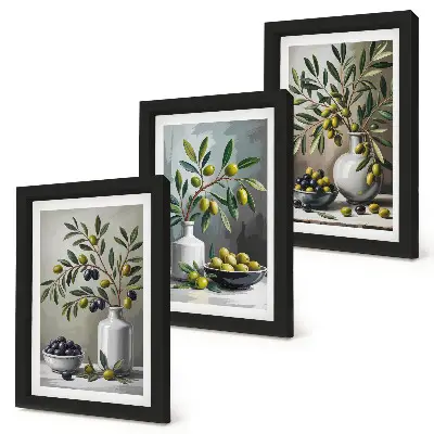 Olives in ceramic dishes on a gray background framed triptych
