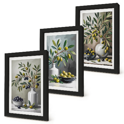 Framed triptych Olives in ceramic dishes on a gray background
