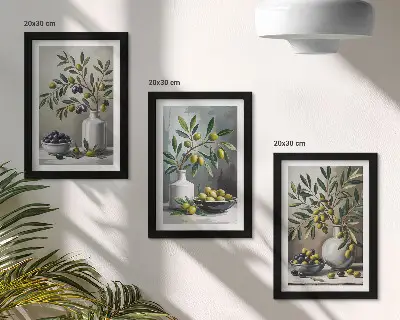 Olives in ceramic dishes on a gray background framed triptych