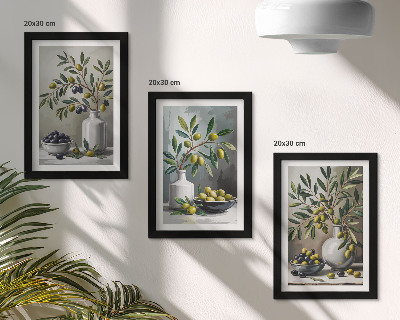 Framed triptych Olives in ceramic dishes on a gray background