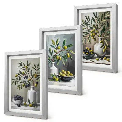 Olives in ceramic dishes on a gray background framed triptych