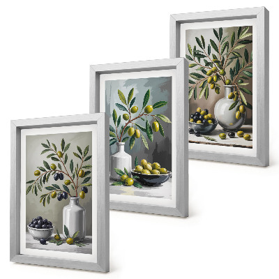 Framed triptych Olives in ceramic dishes on a gray background