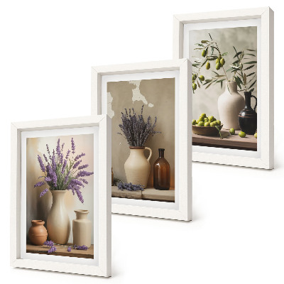 3-piece wall art set Flowers in vases, olives and natural decorations