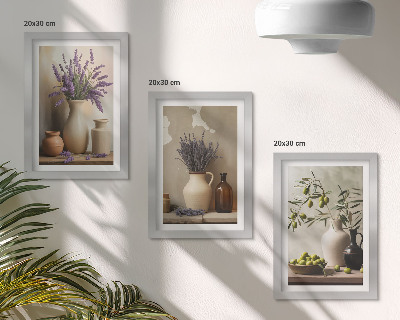 3-piece wall art set Flowers in vases, olives and natural decorations