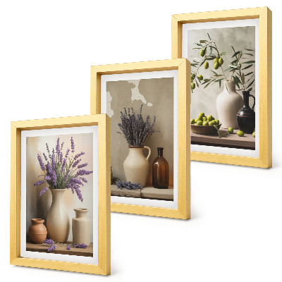 3-piece wall art set Flowers in vases, olives and natural decorations
