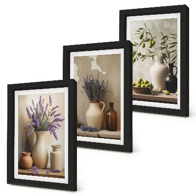 3-piece wall art set Flowers in vases, olives and natural decorations