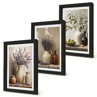 3-piece wall art set flowers in vases with olives and natural decorations