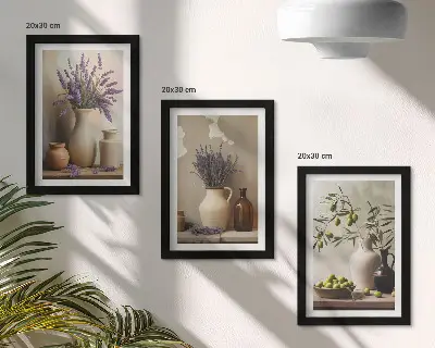 3-piece wall art set flowers in vases with olives and natural decorations
