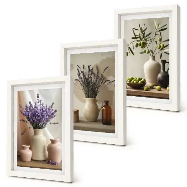 Lavender flowers, olives and ceramic vessels framed triptych