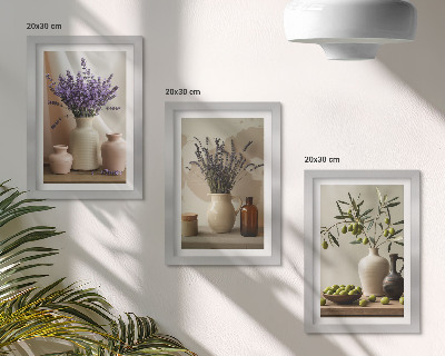 Framed triptych Lavender flowers, olives and ceramic vessels