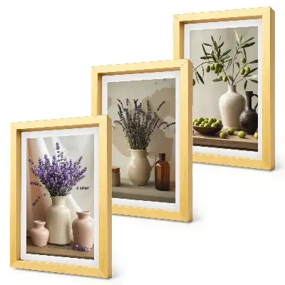 Lavender flowers, olives and ceramic vessels framed triptych