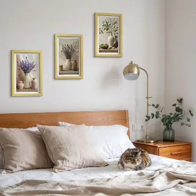 Lavender flowers, olives and ceramic vessels framed triptych
