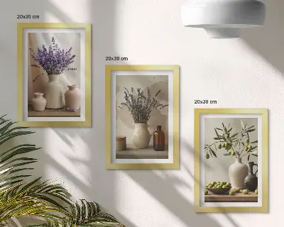 Lavender flowers, olives and ceramic vessels framed triptych