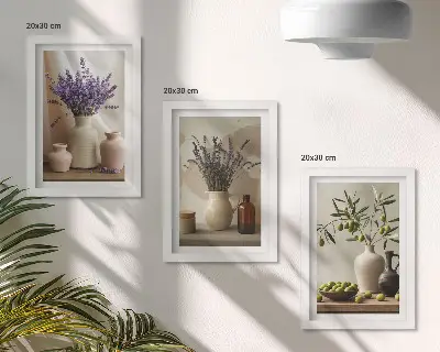Lavender flowers, olives and ceramic vessels framed triptych