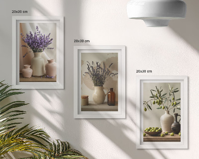 Framed triptych Lavender flowers, olives and ceramic vessels