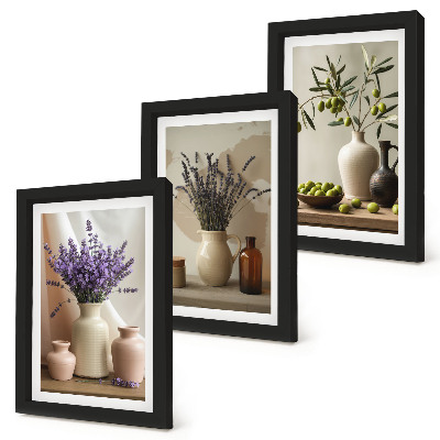 Framed triptych Lavender flowers, olives and ceramic vessels