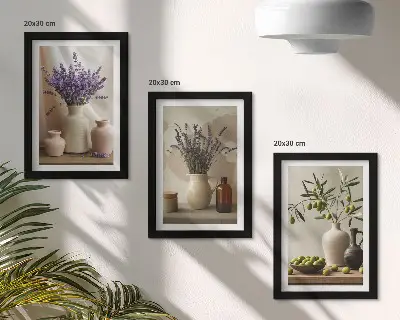 Lavender flowers, olives and ceramic vessels framed triptych