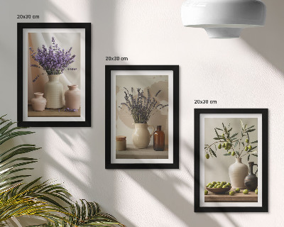 Framed triptych Lavender flowers, olives and ceramic vessels