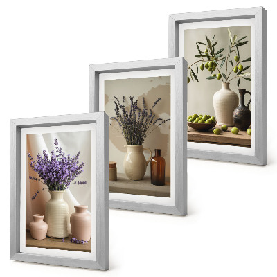 Framed triptych Lavender flowers, olives and ceramic vessels