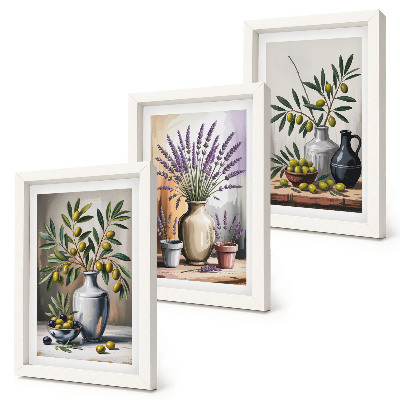 3-piece wall art set Flowers and olives in vases on a light background