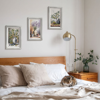 3-piece wall art set Flowers and olives in vases on a light background