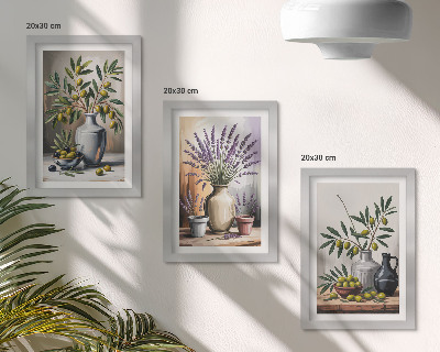 3-piece wall art set Flowers and olives in vases on a light background