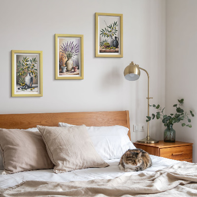 3-piece wall art set Flowers and olives in vases on a light background