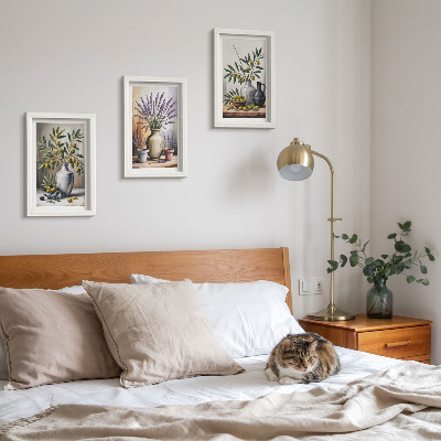 3-piece wall art set Flowers and olives in vases on a light background