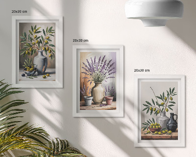 3-piece wall art set Flowers and olives in vases on a light background
