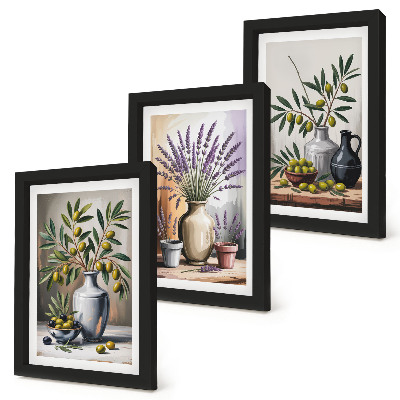 3-piece wall art set Flowers and olives in vases on a light background