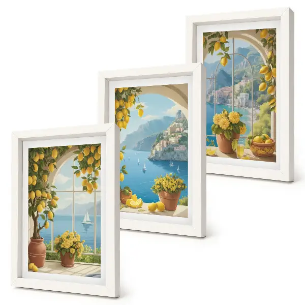 Seascapes with Italian lemons in the windows framed triptych