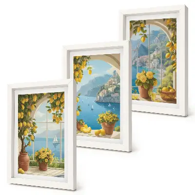 Seascapes with Italian lemons in the windows framed triptych