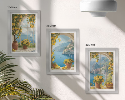 Framed triptych Seascapes with Italian lemons in the windows