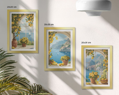 Framed triptych Seascapes with Italian lemons in the windows