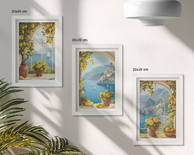 Framed triptych Seascapes with Italian lemons in the windows