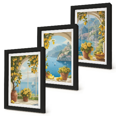 Framed triptych Seascapes with Italian lemons in the windows