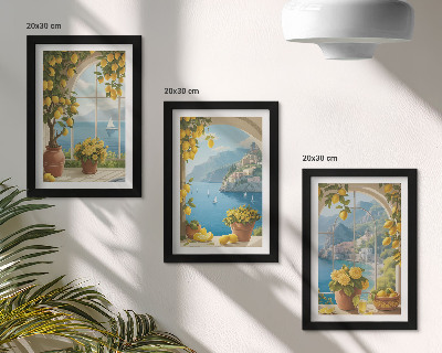 Framed triptych Seascapes with Italian lemons in the windows